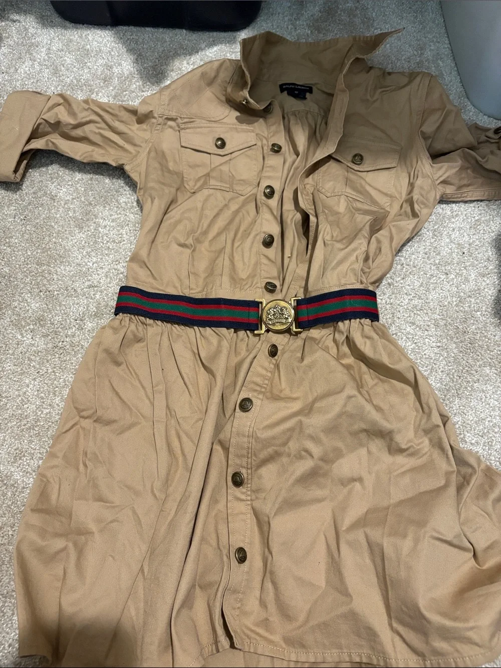 Ralph Lauren Beige Button-Front Utility Shirt Dress with Contrast Web Belt
